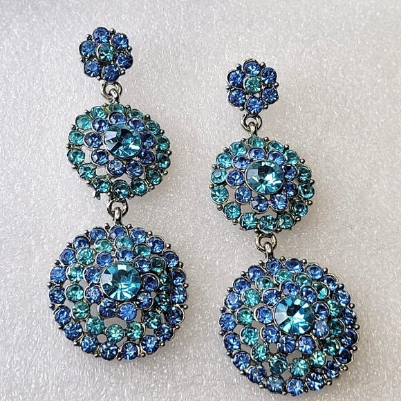 Blue Crystal Rhinestone Long Dangle Earrings - Picture 1 of 13